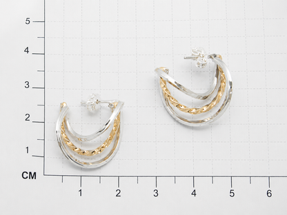 Sterling Silver and Tumbaga Three Strand Smooth Twisted Hoop Earrings