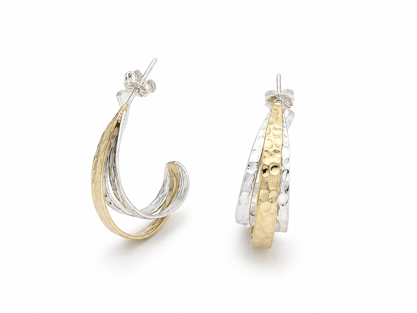 Sterling Silver and Tumbaga Three Hammered Bar Drop Earrings