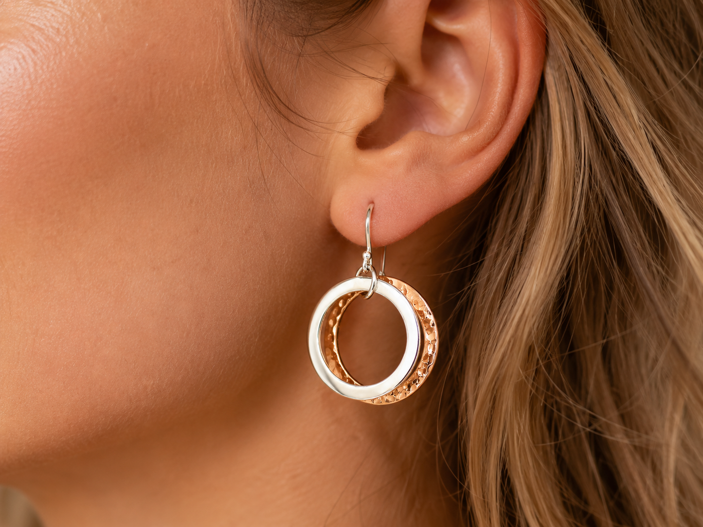 Double Smooth Sterling Silver and Hammered Copper Hoop Earrings