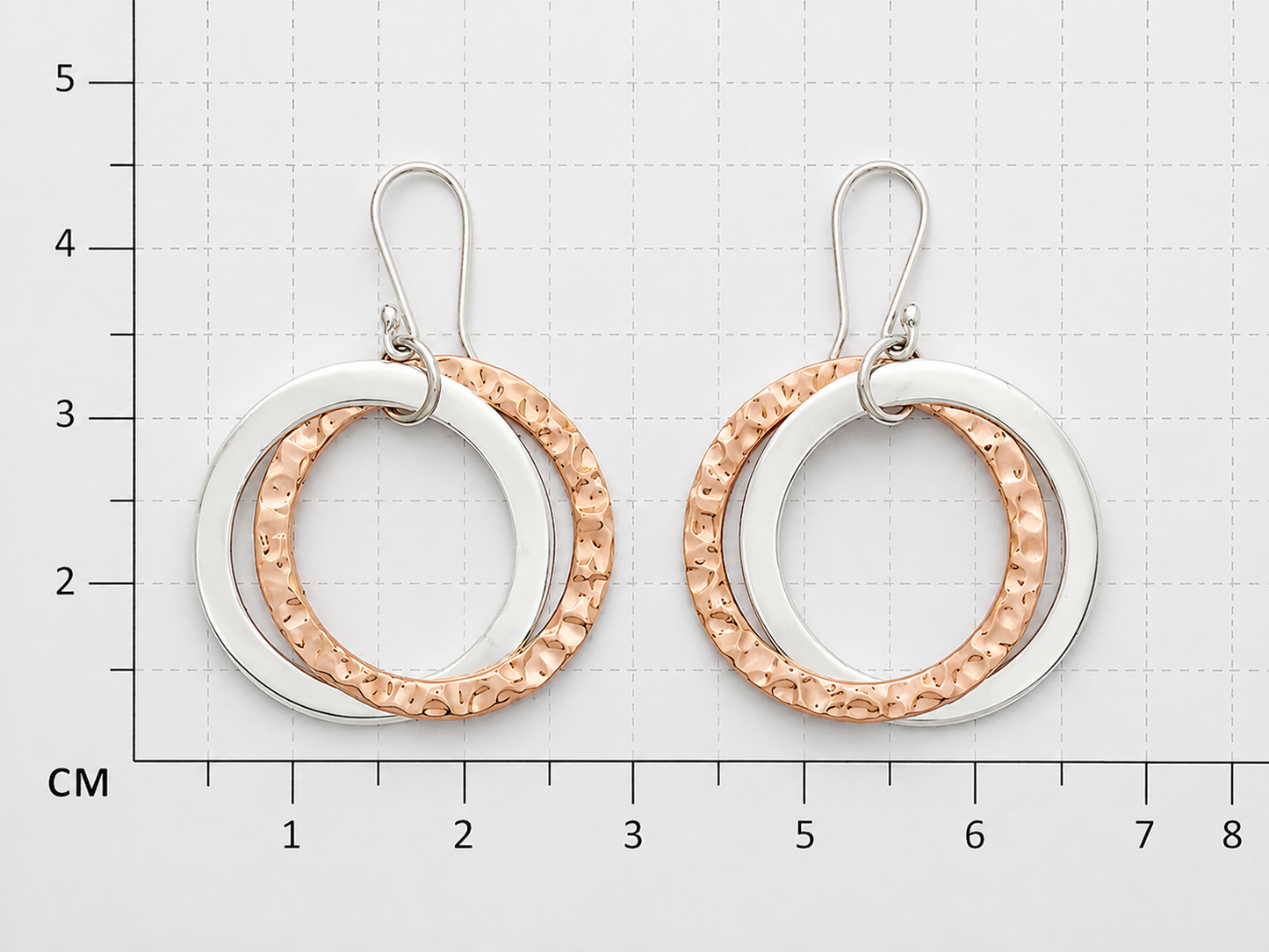 Double Smooth Sterling Silver and Hammered Copper Hoop Earrings
