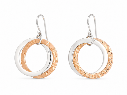 Double Smooth Sterling Silver and Hammered Copper Hoop Earrings