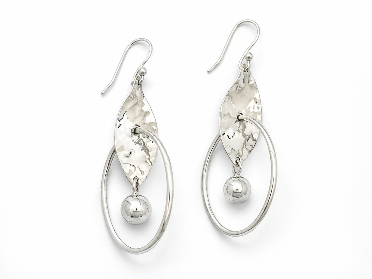 Sterling Silver Hoop Earrings with Hammered Leaf and Dangling Ball