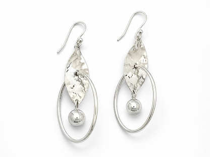 Sterling Silver Hoop Earrings with Hammered Leaf and Dangling Ball