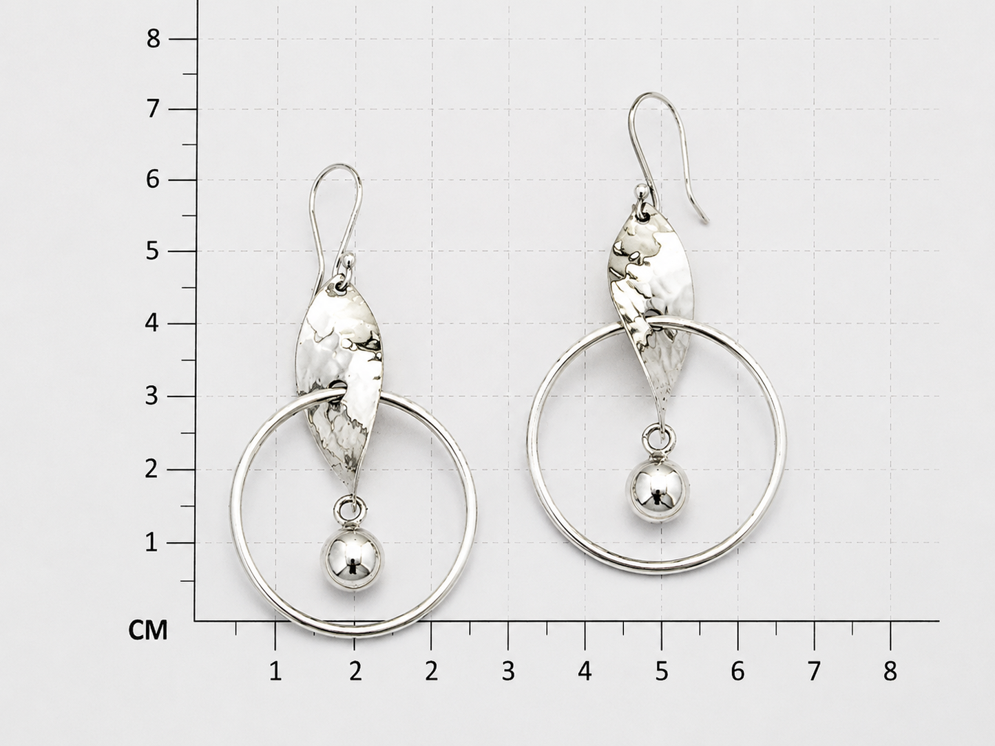 Sterling Silver Hoop Earrings with Hammered Leaf and Dangling Ball