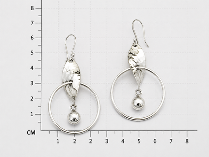 Sterling Silver Hoop Earrings with Hammered Leaf and Dangling Ball