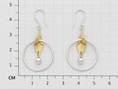 Sterling Silver Hoop Earrings with Hammered Leaf and Mini Tumbaga Ball