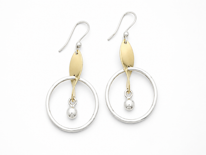 Sterling Silver Hoop Earrings with Hammered Leaf and Mini Tumbaga Ball
