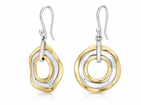 Sterling Silver and Tumbaga Wavy Hoop Drop Earrings