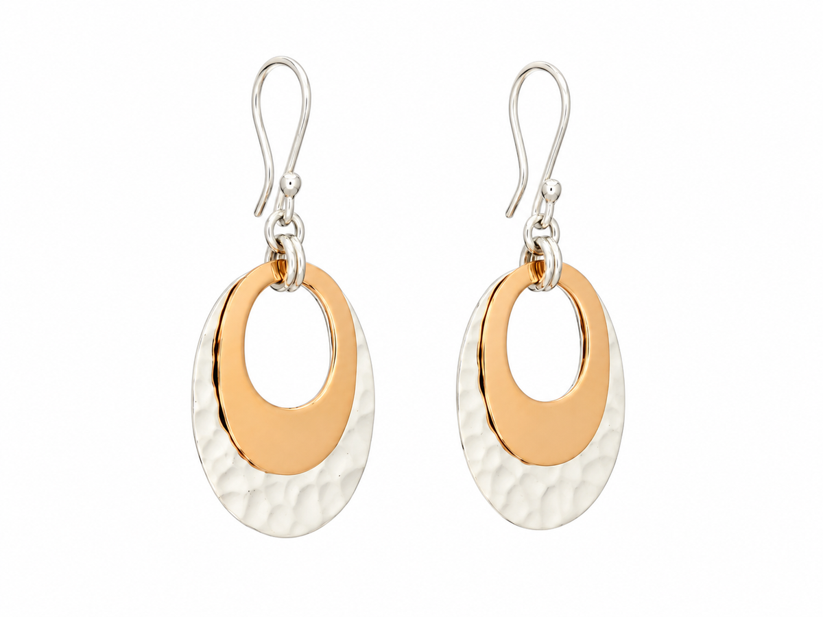 Sterling Silver and Copper Gloss Hammered Double Oval Earrings