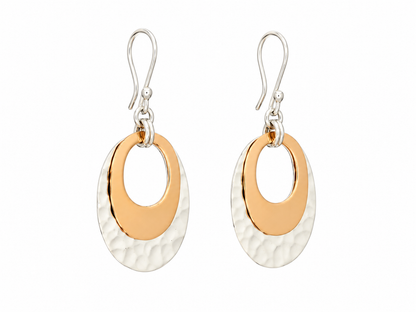 Sterling Silver and Copper Gloss Hammered Double Oval Earrings