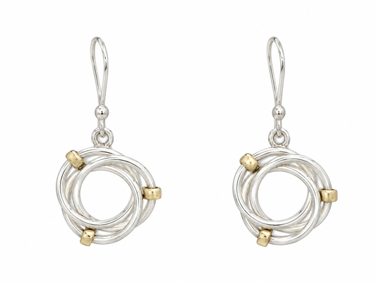Sterling Silver and Tumbaga Three Linked Drop Earrings with Rings
