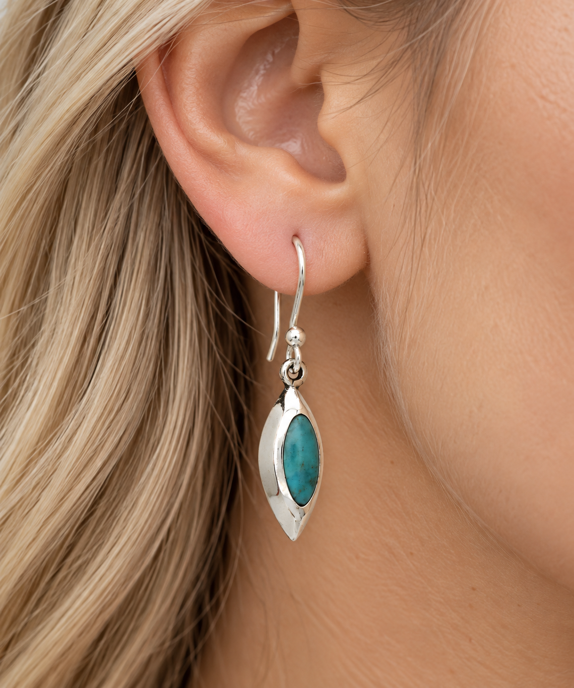 Sterling Silver Medium Almond Earrings with Turquoise Stone