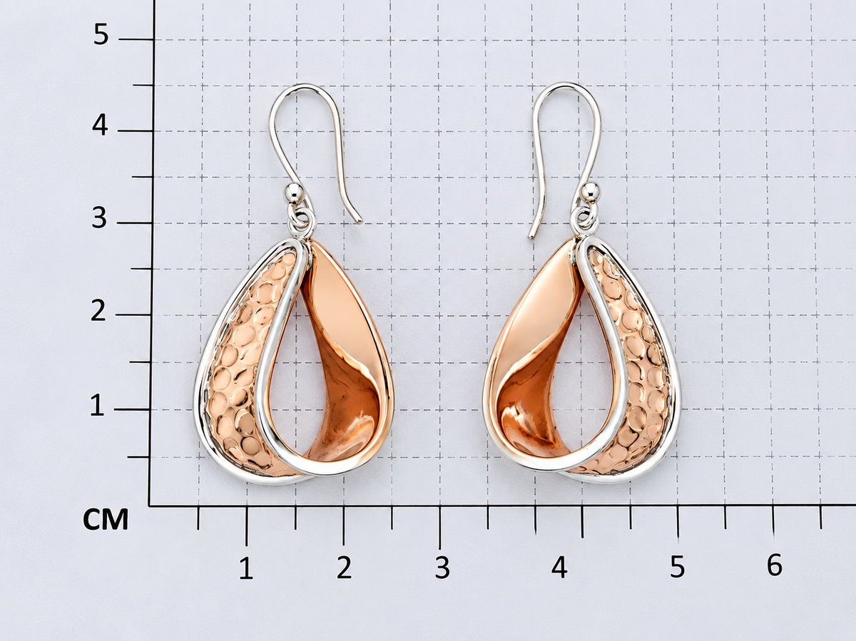 Sterling Silver and Copper Hammered Drop Earrings with Bezel and Ring