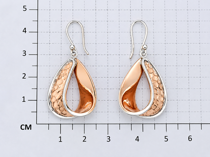 Sterling Silver and Copper Hammered Drop Earrings with Bezel and Ring