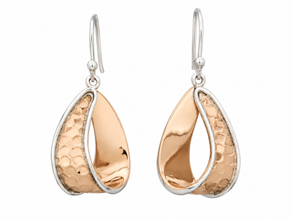 Sterling Silver and Copper Hammered Drop Earrings with Bezel and Ring