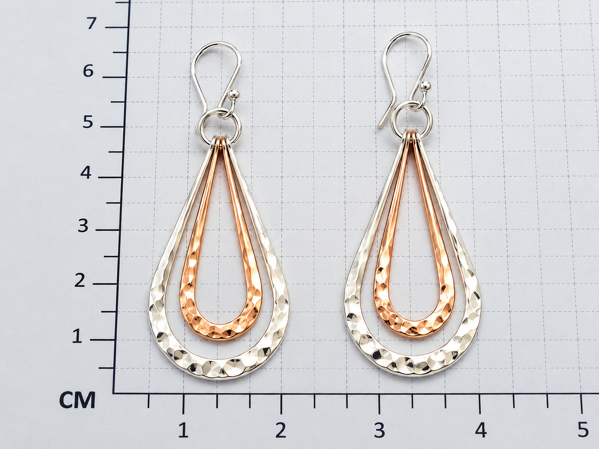 Sterling Silver and Copper Double Hammered Drop Earrings