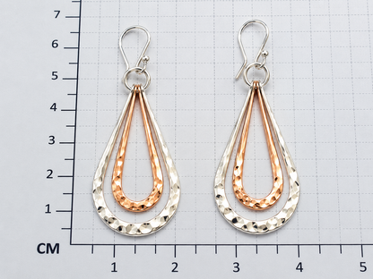 Sterling Silver and Copper Double Hammered Drop Earrings
