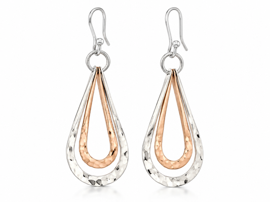 Sterling Silver and Copper Double Hammered Drop Earrings