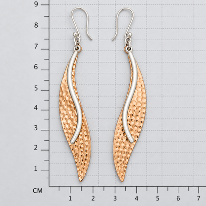Sterling Silver and Copper Hammered Leaf Earrings with Smooth Tongue Design