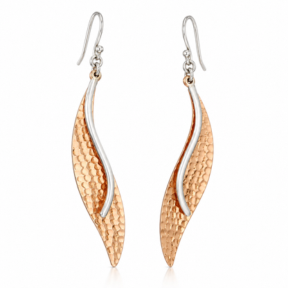 Sterling Silver and Copper Hammered Leaf Earrings with Smooth Tongue Design