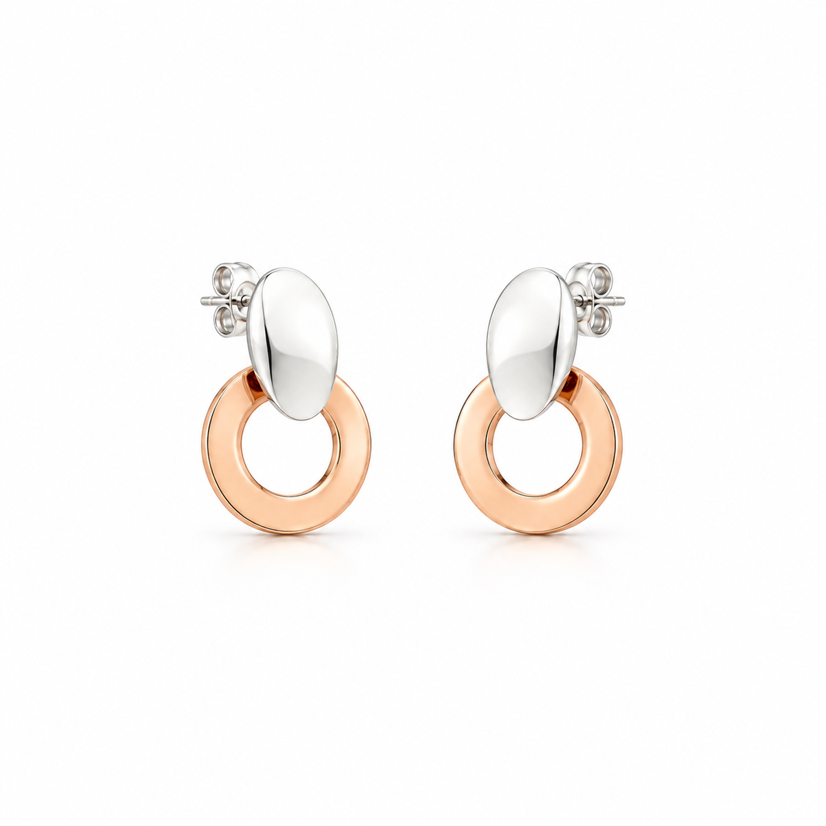 Sterling Silver and Copper Flat Smooth Hoop Earrings with Inlaid Oval Design
