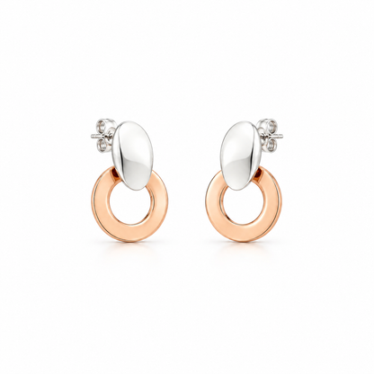 Sterling Silver and Copper Flat Smooth Hoop Earrings with Inlaid Oval Design