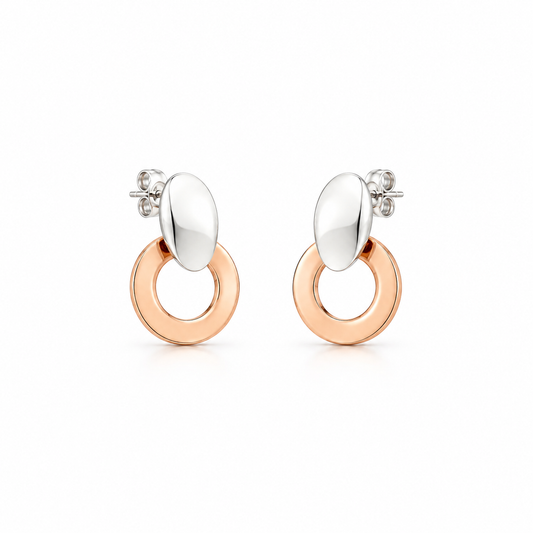 Sterling Silver and Copper Flat Smooth Hoop Earrings with Inlaid Oval Design