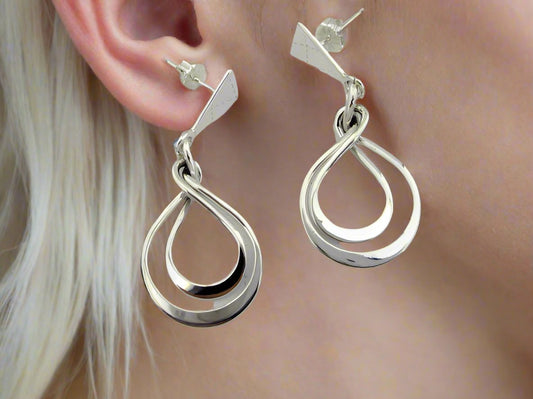 Sterling Silver Movable Double Circle Earrings with Smooth Triangle