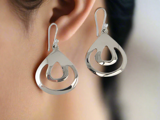 Sterling Silver Double Earring Inlaid Gloss Open Drops with Ring