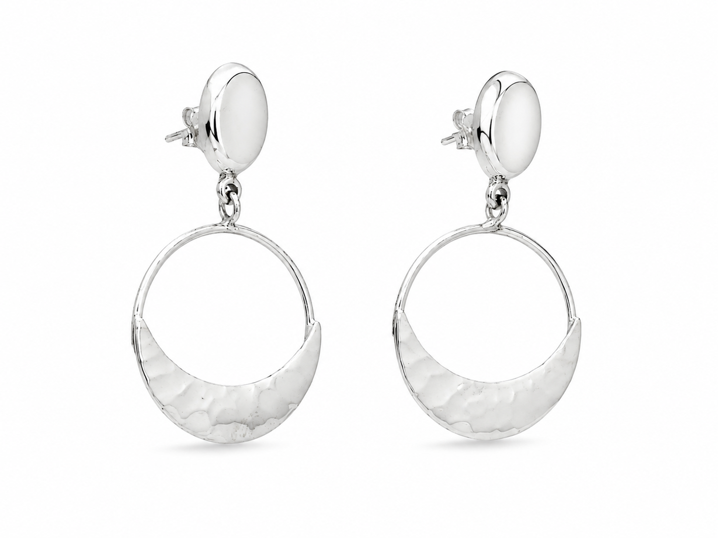 Sterling Silver Hammered Cross Moon Earrings with Movable Ovalo
