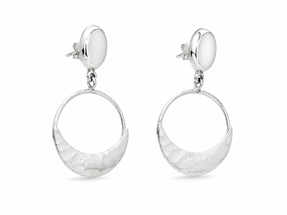 Sterling Silver Hammered Cross Moon Earrings with Movable Ovalo