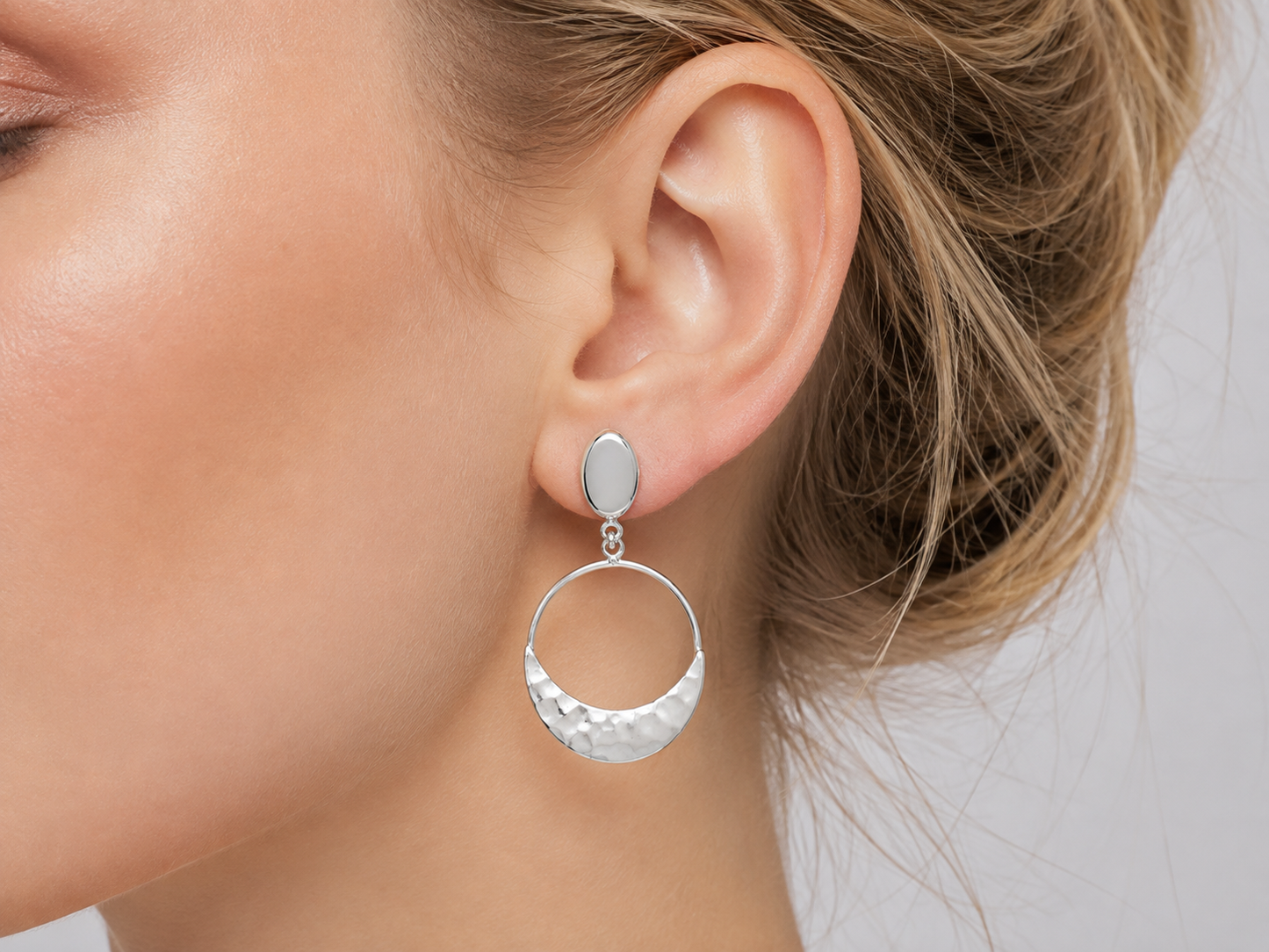 Sterling Silver Hammered Cross Moon Earrings with Movable Ovalo