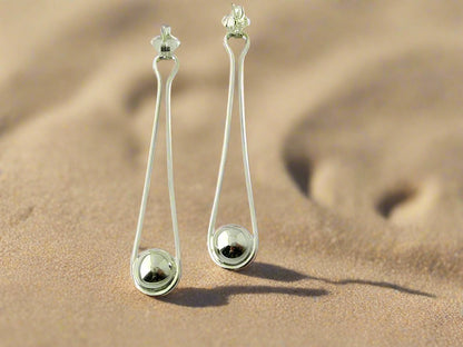 Sterling Silver Half-Round Long Drop Earrings with Ball