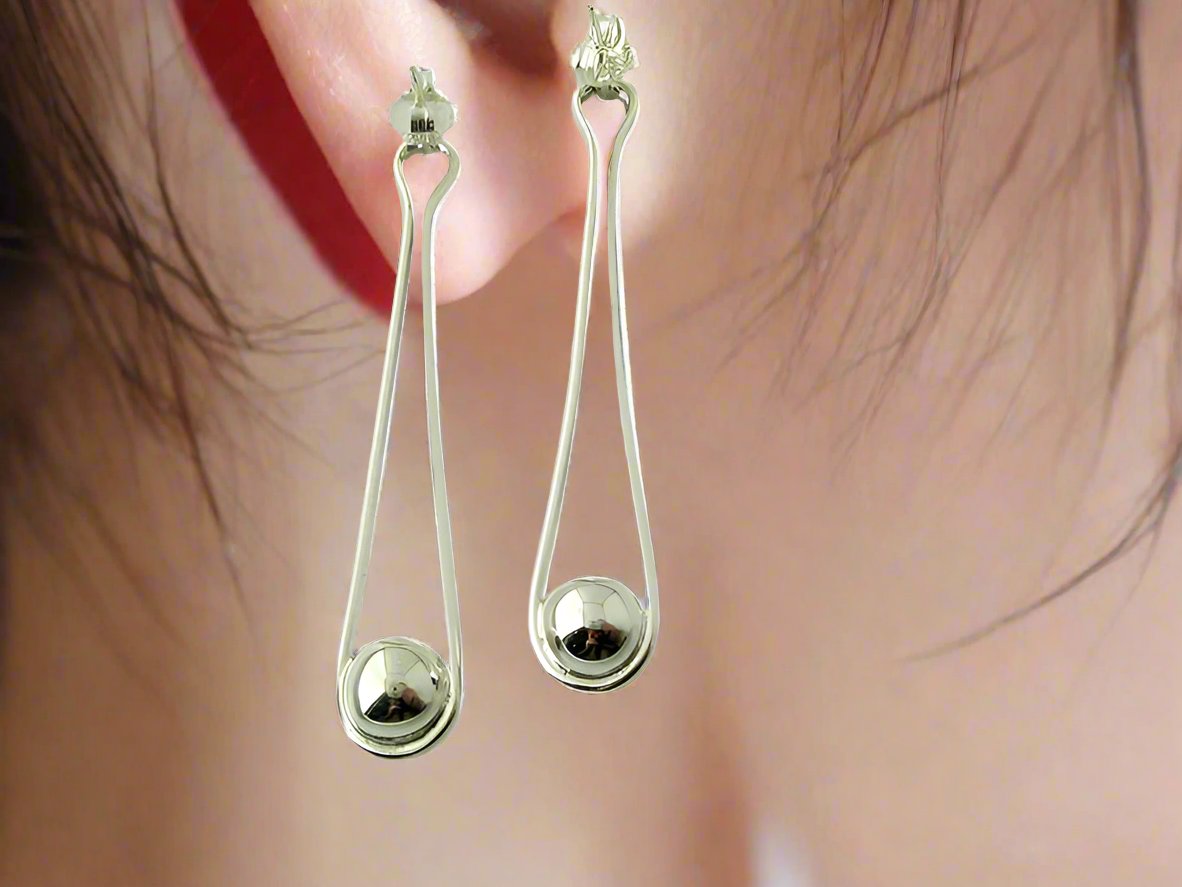 Sterling Silver Half-Round Long Drop Earrings with Ball