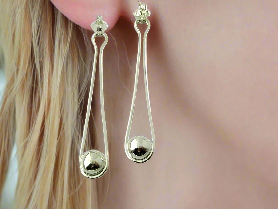 Sterling Silver Half-Round Long Drop Earrings with Ball