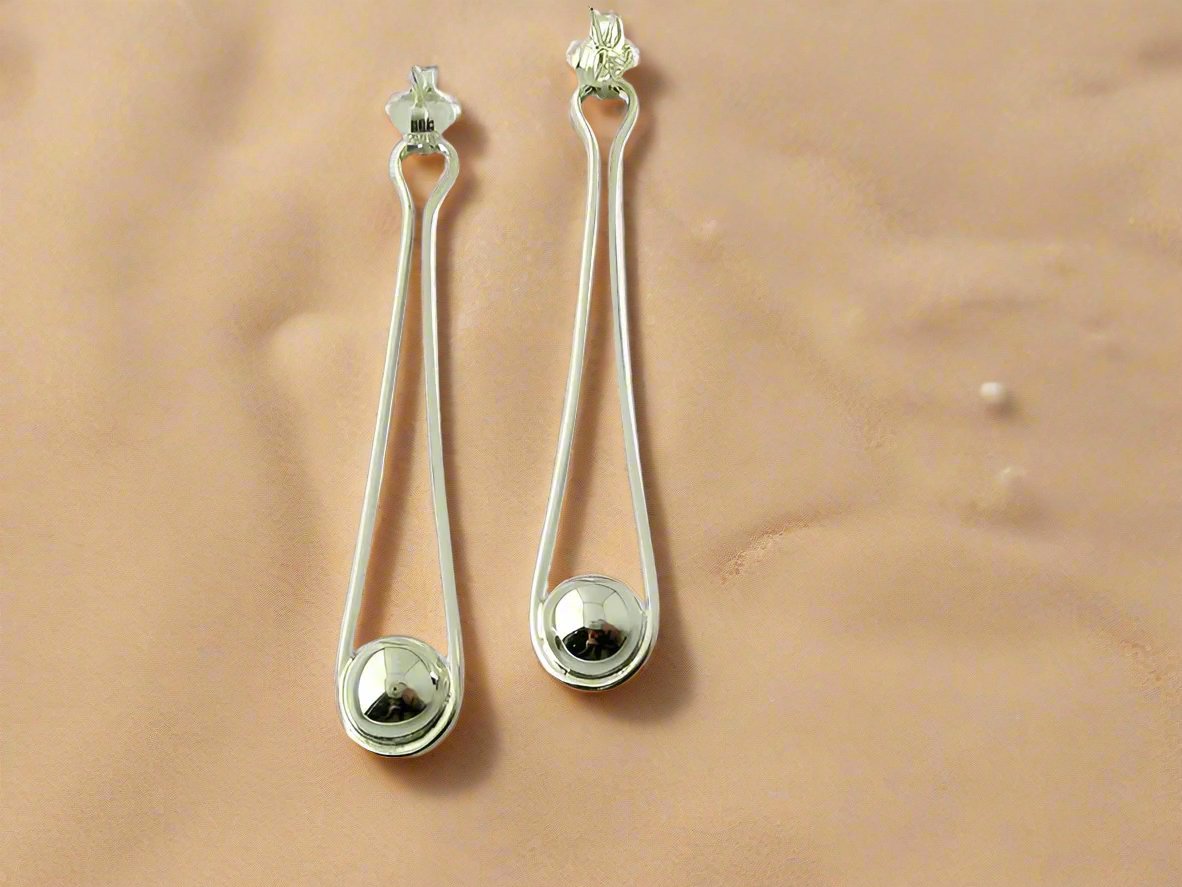 Sterling Silver Half-Round Long Drop Earrings with Ball