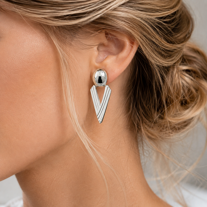 Sterling Silver Triangle Earrings with Openwork and Hammered Oval
