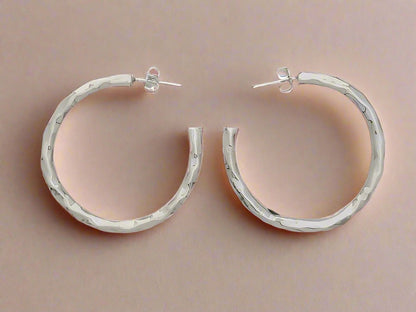 Sterling Silver Large Round Hammered Tube Earrings