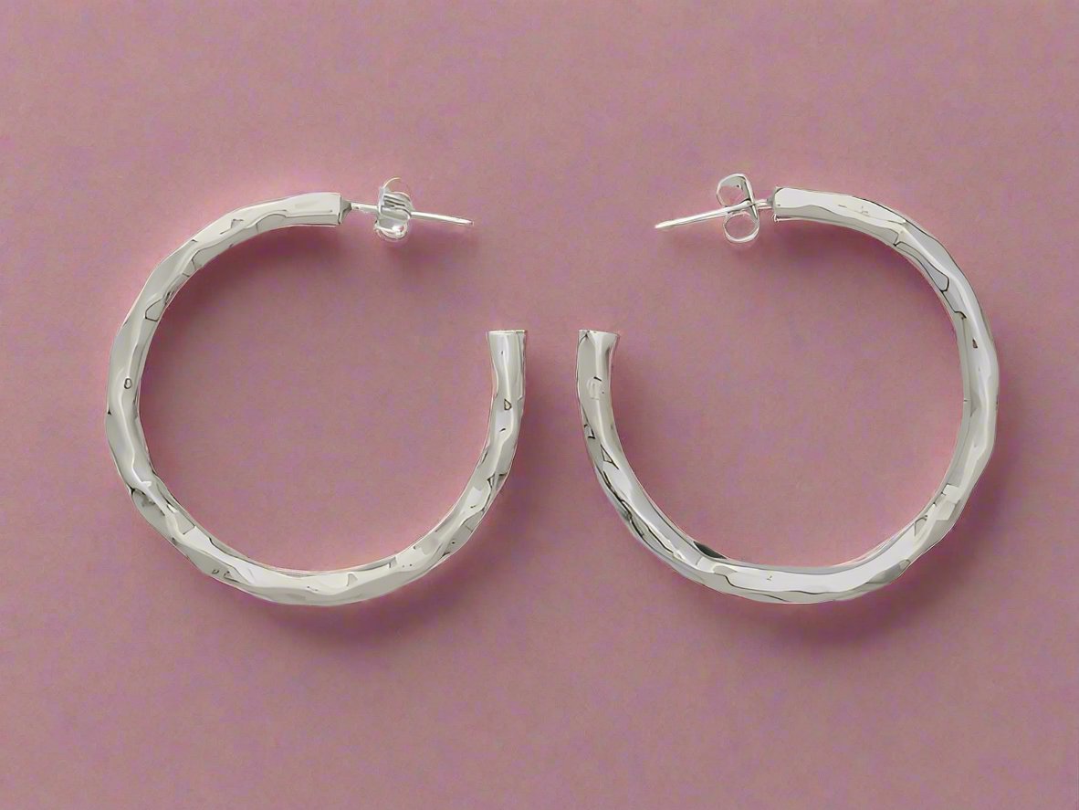 Sterling Silver Large Round Hammered Tube Earrings