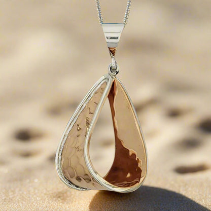 Two-Tone Copper Hammered Drop Pendant with Sterling Silver Bezel