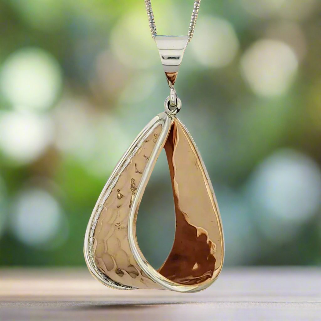 Two-Tone Copper Hammered Drop Pendant with Sterling Silver Bezel