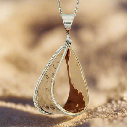 Two-Tone Copper Hammered Drop Pendant with Sterling Silver Bezel