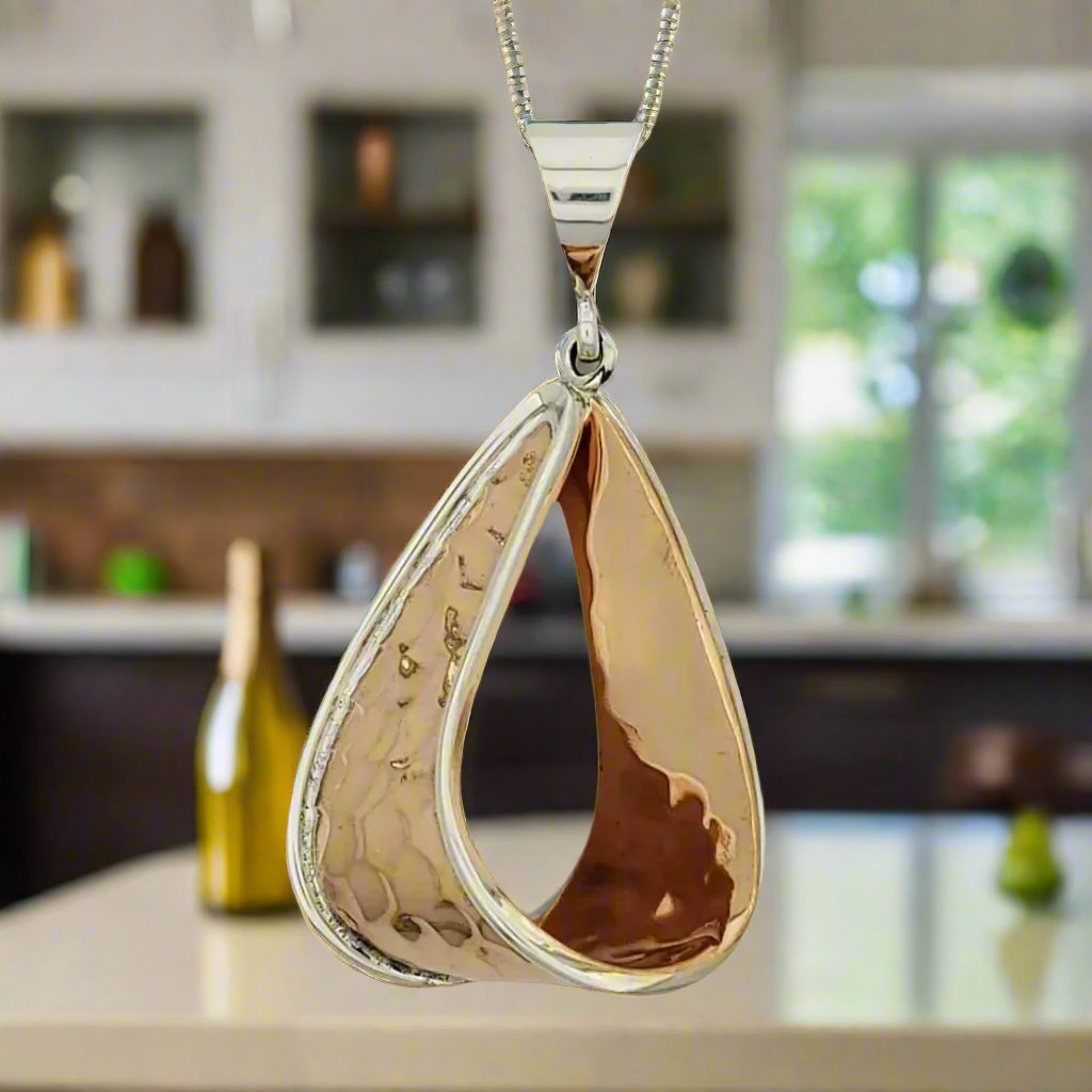 Two-Tone Copper Hammered Drop Pendant with Sterling Silver Bezel