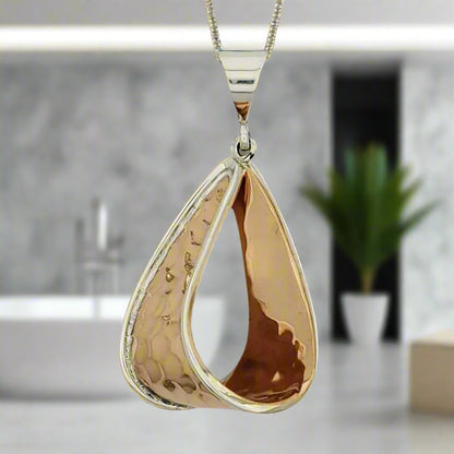 Two-Tone Copper Hammered Drop Pendant with Sterling Silver Bezel