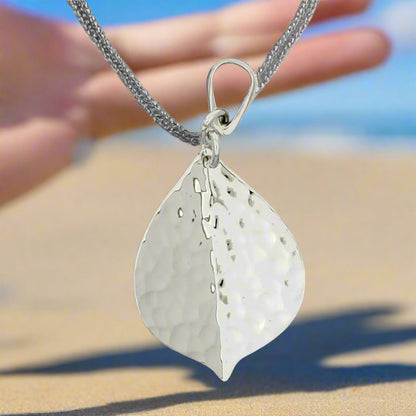 Large Hammered Wide Leaf Sterling Silver Pendant