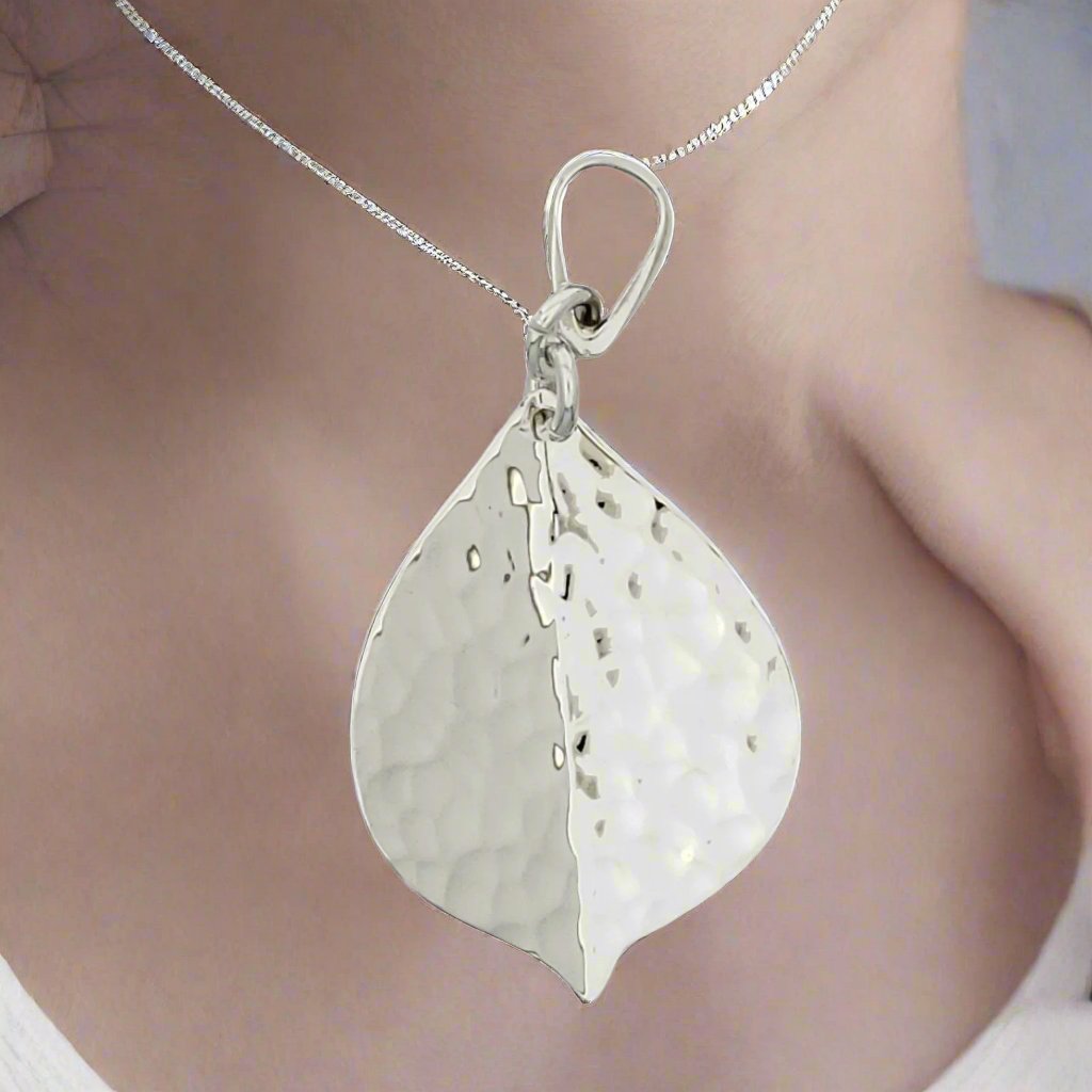 Large Hammered Wide Leaf Sterling Silver Pendant