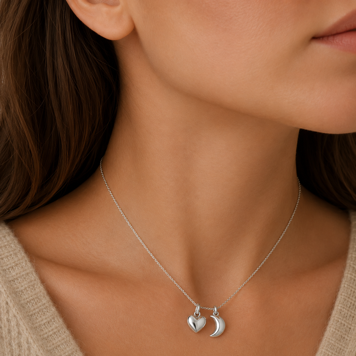 Sterling Silver Smooth Heart  Moon Pendant Set