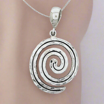 Hammered Spiral Oval Sterling Silver Pendant