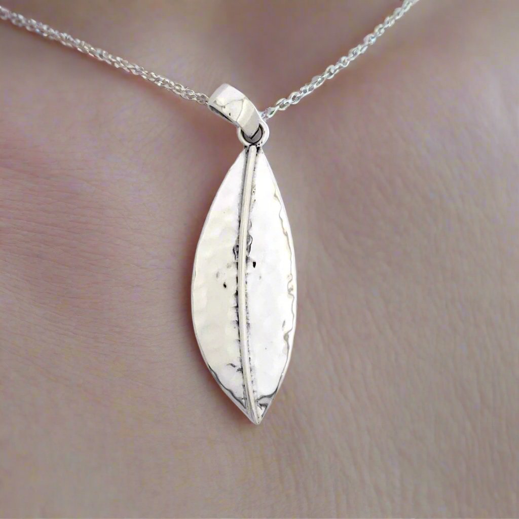 Sterling Silver Large Folded Hammered Leaf Pendant