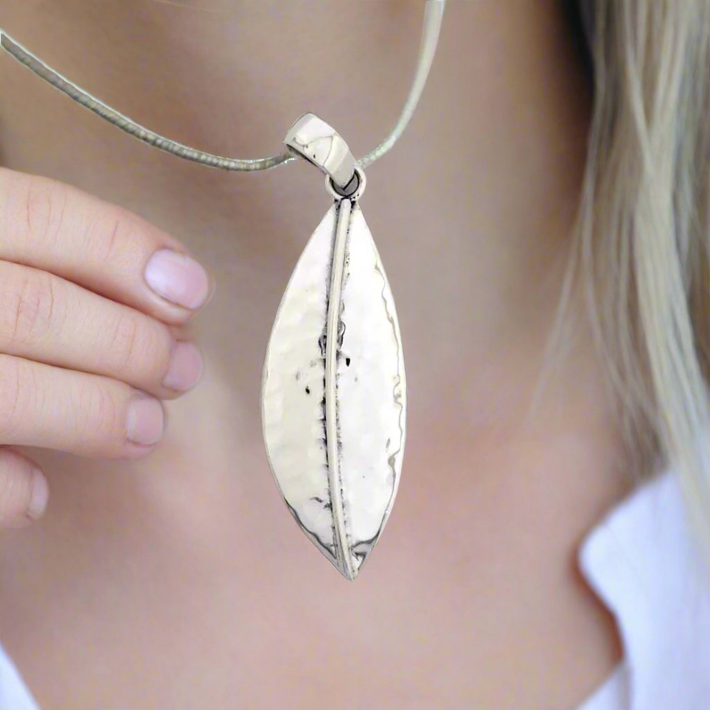 Sterling Silver Large Folded Hammered Leaf Pendant